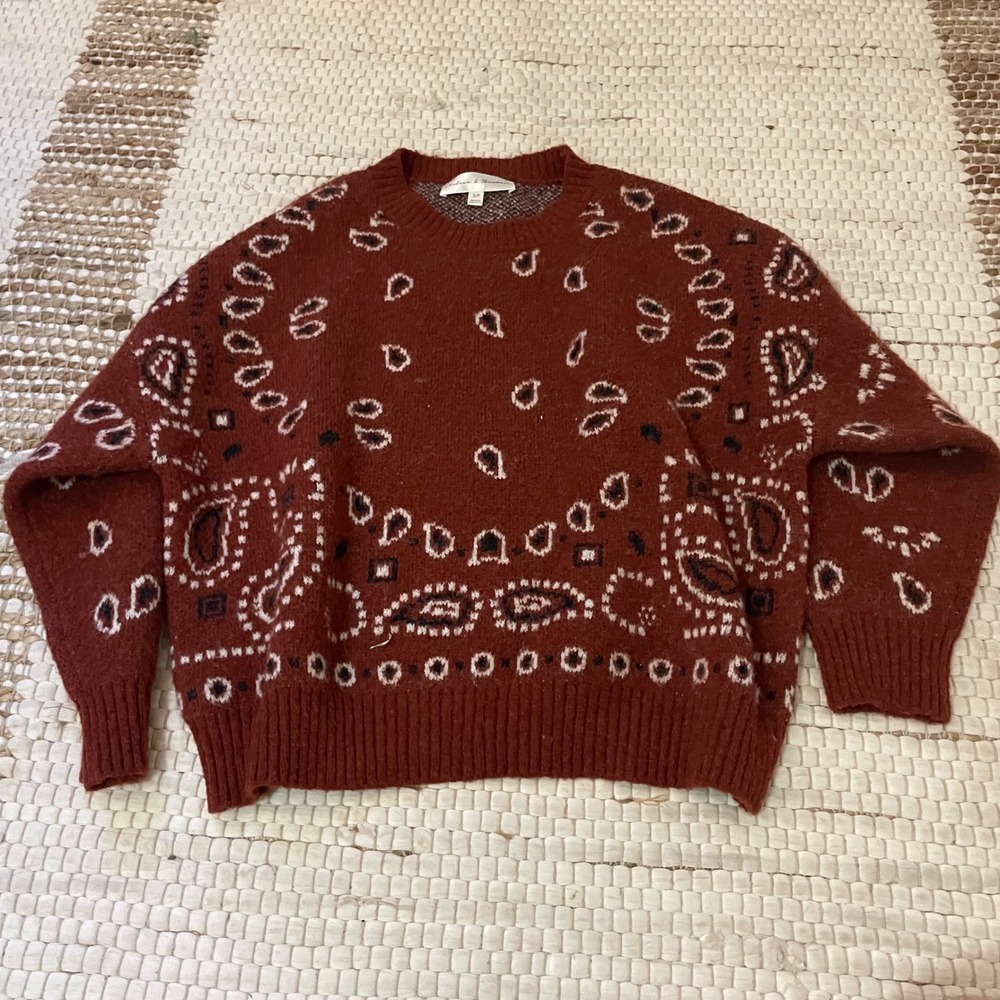 Chelsea & Theodore Womens Rust Orange Bandana Paisley Knit Sweater Size Small